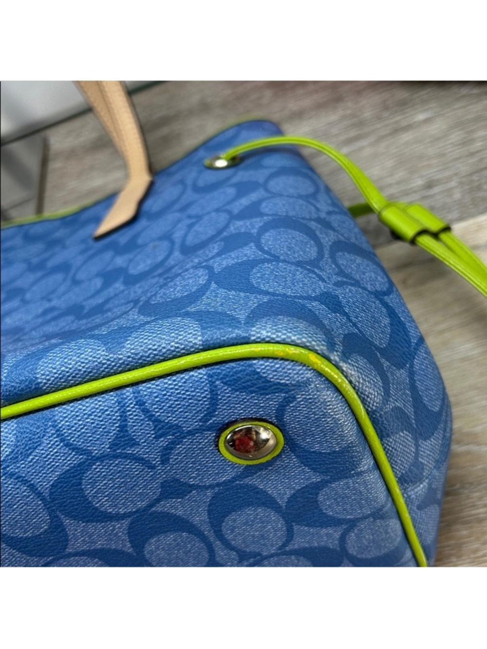 Coach Blue Signature Tote with Lime Center Stripe and Beige Trim - Picture 13 of 14